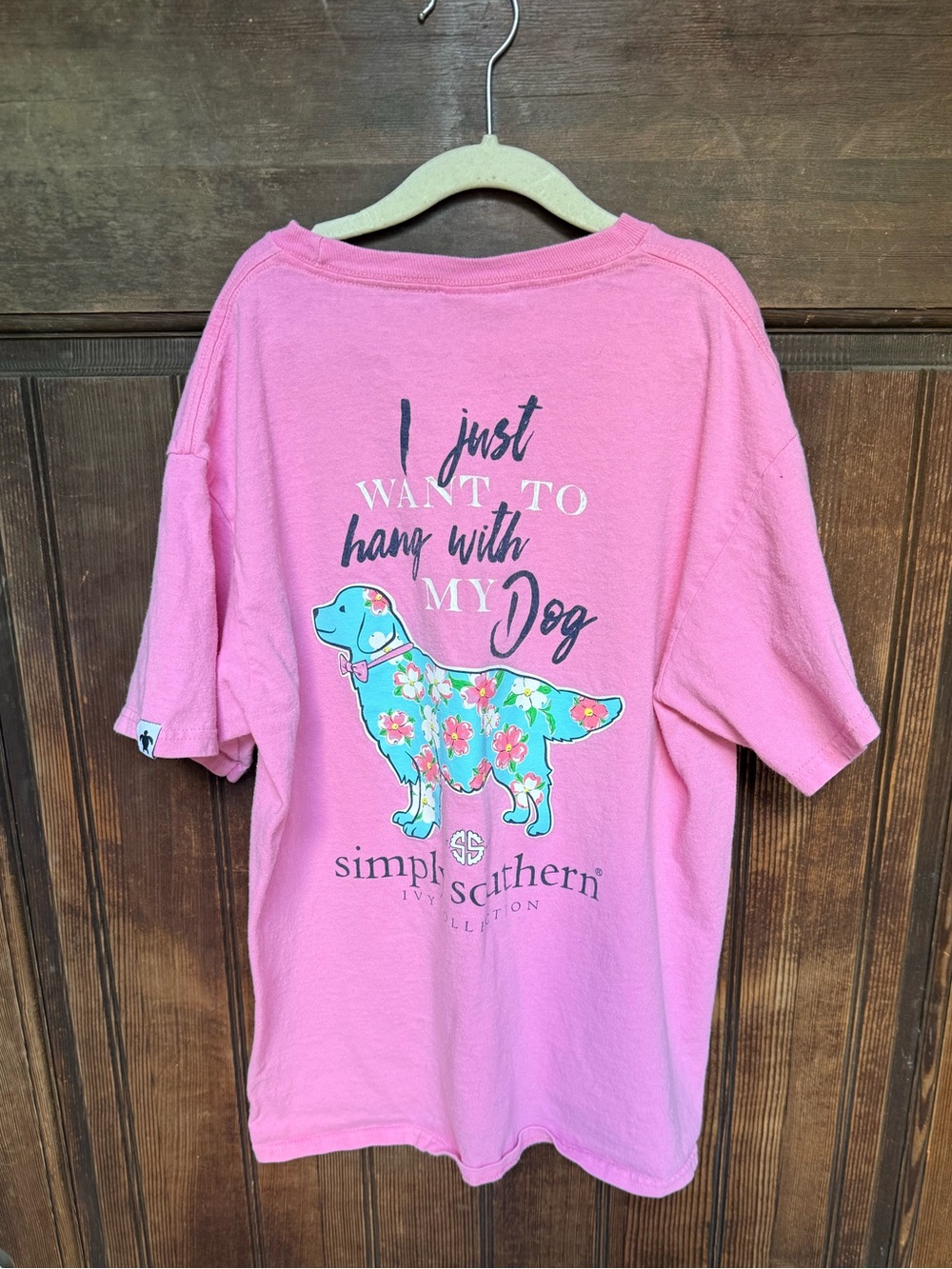 Simply Southern Girls Youth L Pink Dog Graphic Tee Short Sleeve Crew Neck